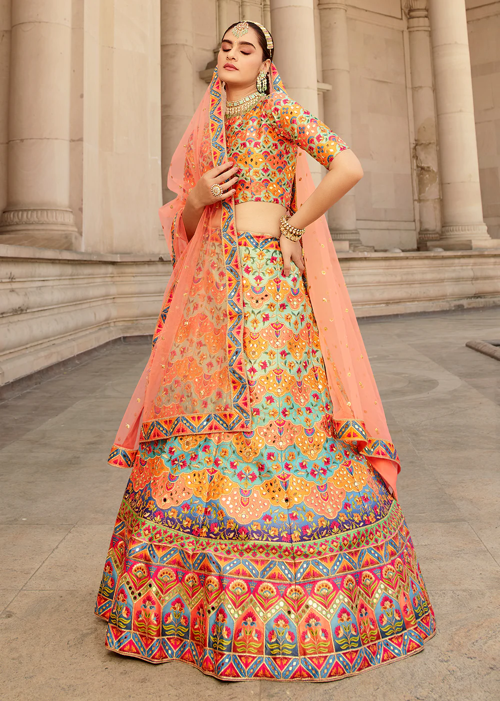 Traditional Multicolor Mirror Work Bridal Lehenga Choli - Image 4