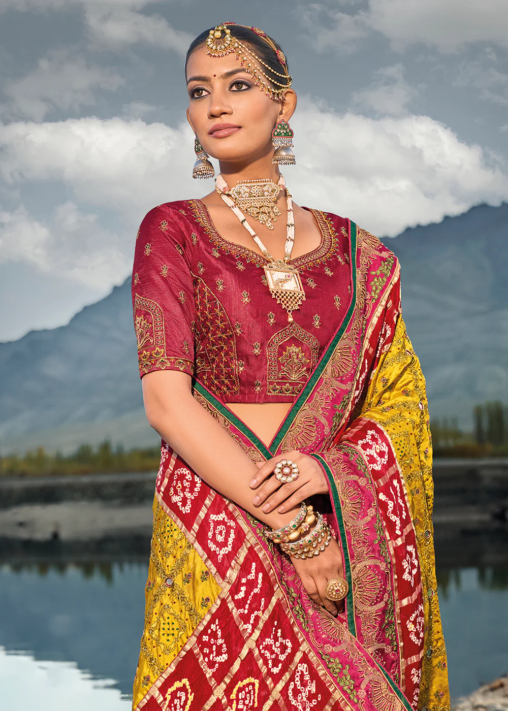 Traditional Mustard Embroidered Kachhi Bandhej Sateen Saree - Image 2