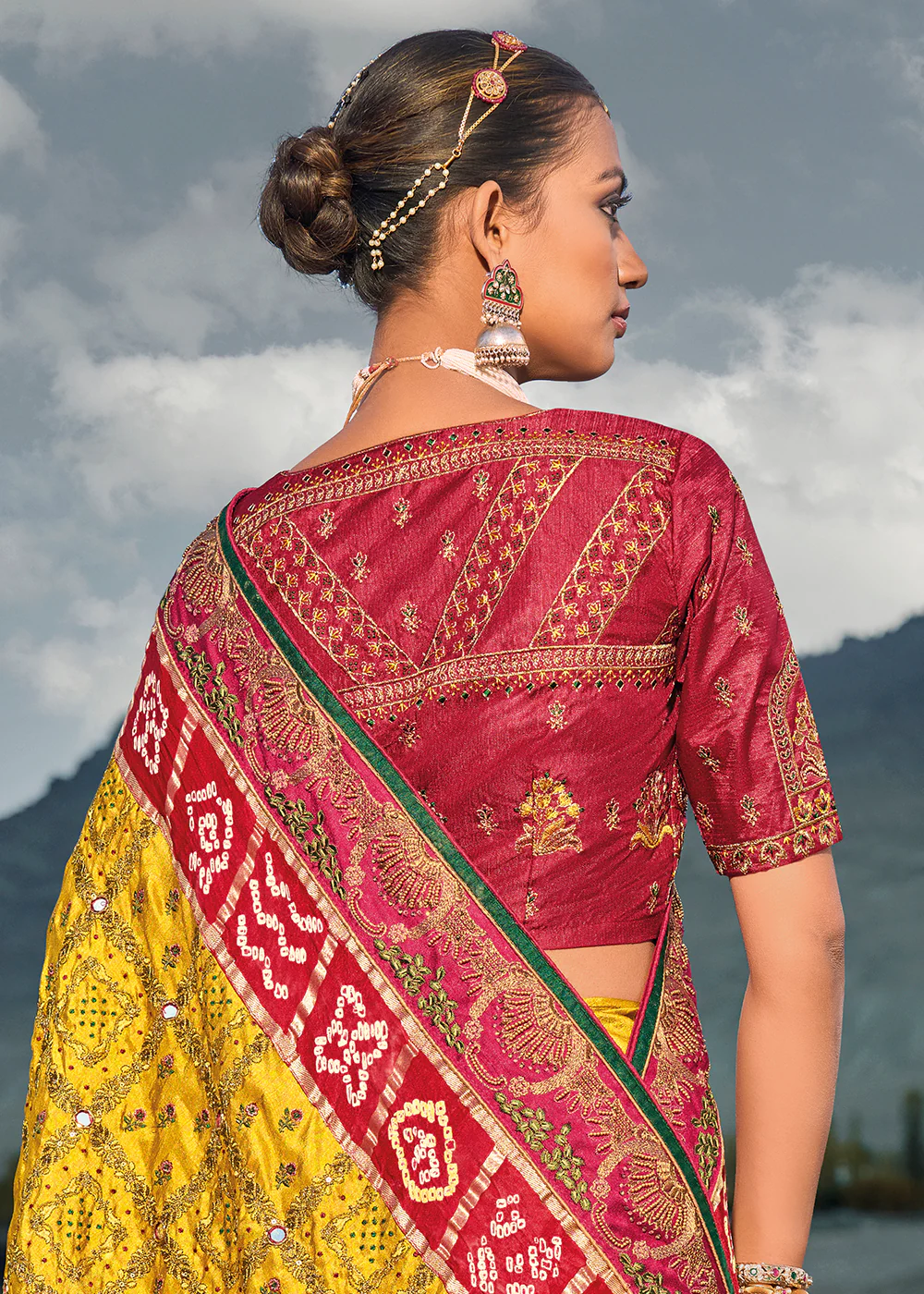Traditional Mustard Embroidered Kachhi Bandhej Sateen Saree - Image 3
