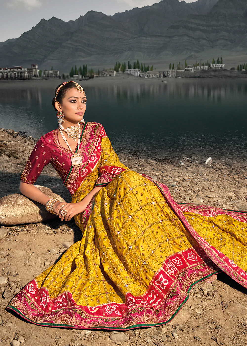 Traditional Mustard Embroidered Kachhi Bandhej Sateen Saree - Image 4