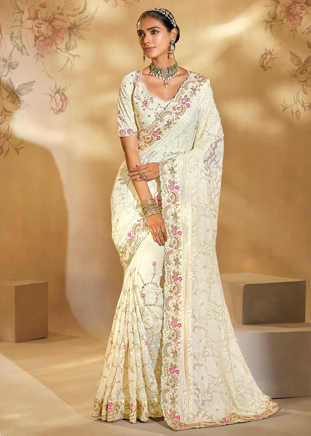Traditional Off White Heavy Embroidered Wedding Bridal Saree