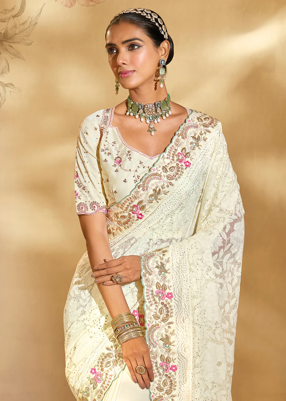 Traditional Off White Heavy Embroidered Wedding Bridal Saree - Image 2