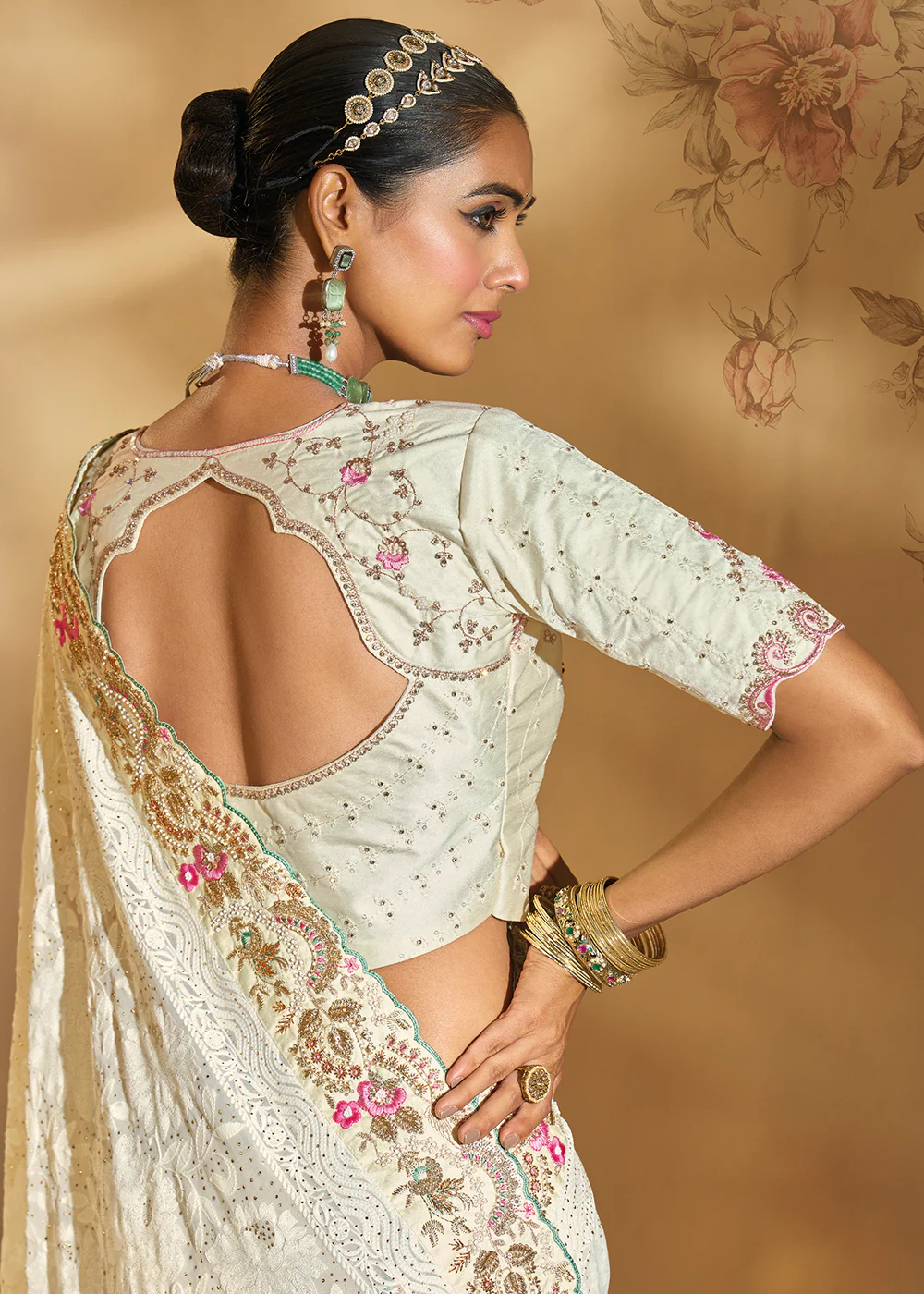 Traditional Off White Heavy Embroidered Wedding Bridal Saree - Image 3