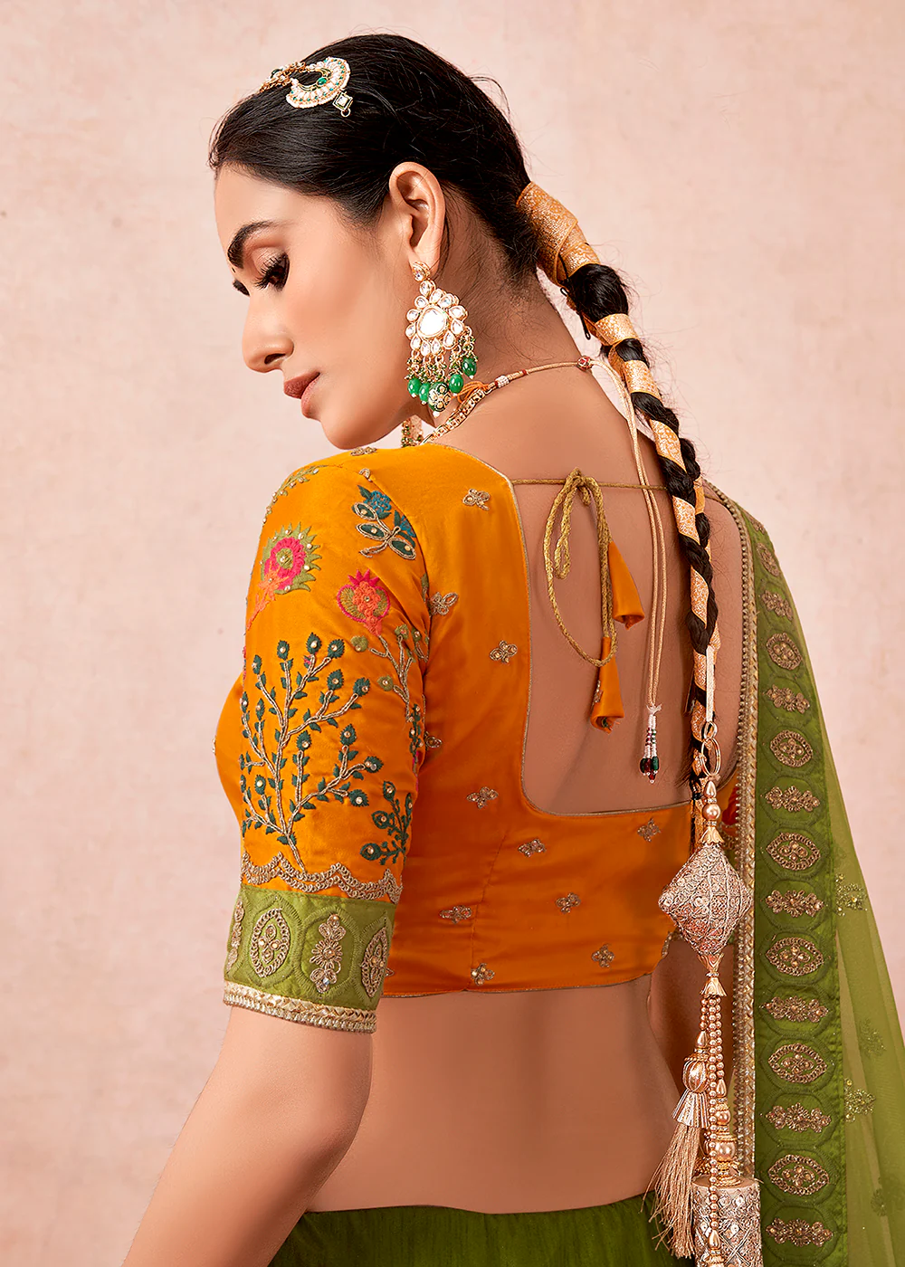 Traditional Olive Green Kalidar Embroidered Net Lehenga Choli - Image 4