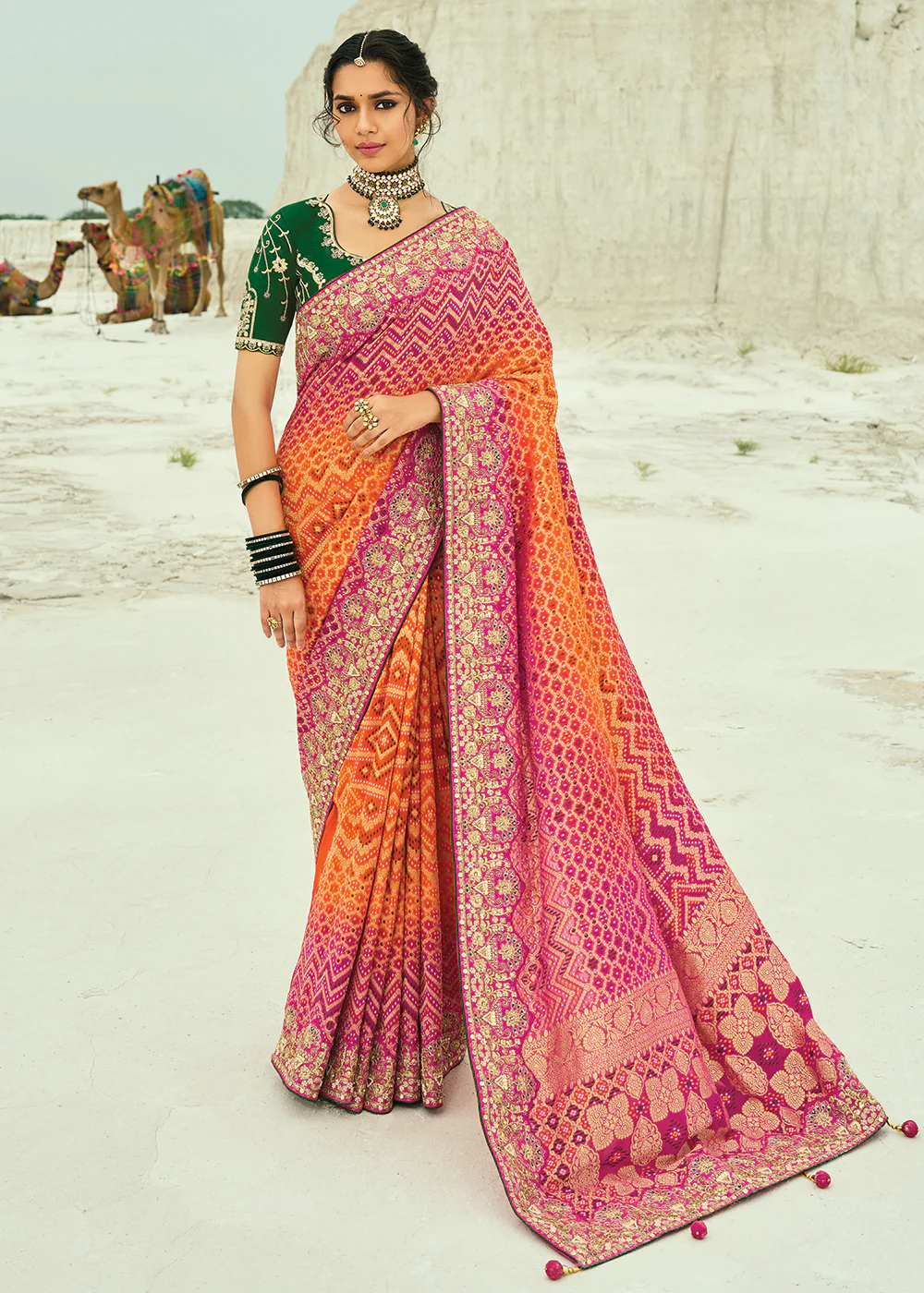 Traditional Orange Rani Embroidered Bandhej Designer Saree