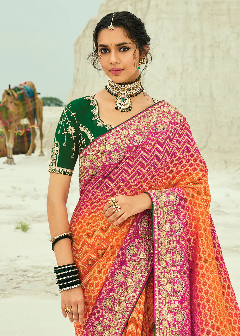 Traditional Orange Rani Embroidered Bandhej Designer Saree - Image 2