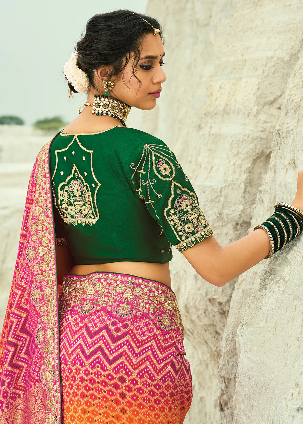 Traditional Orange Rani Embroidered Bandhej Designer Saree - Image 3