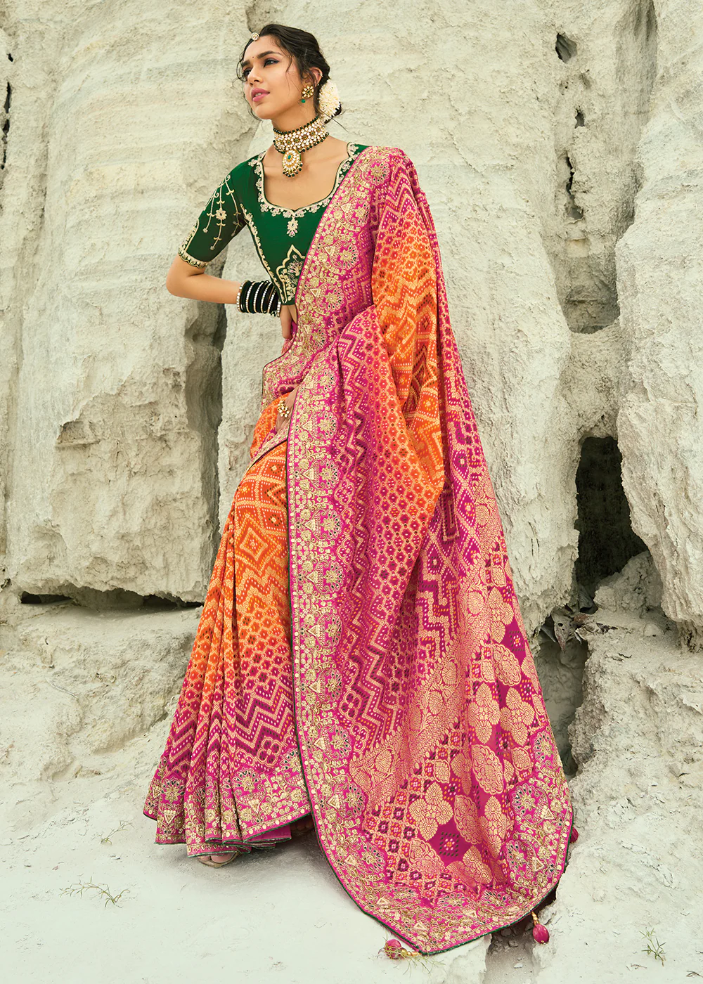 Traditional Orange Rani Embroidered Bandhej Designer Saree - Image 4