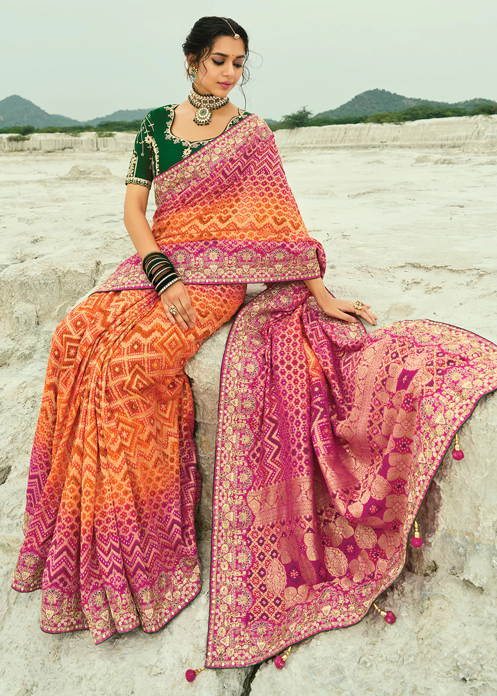Traditional Orange Rani Embroidered Bandhej Designer Saree - Image 5