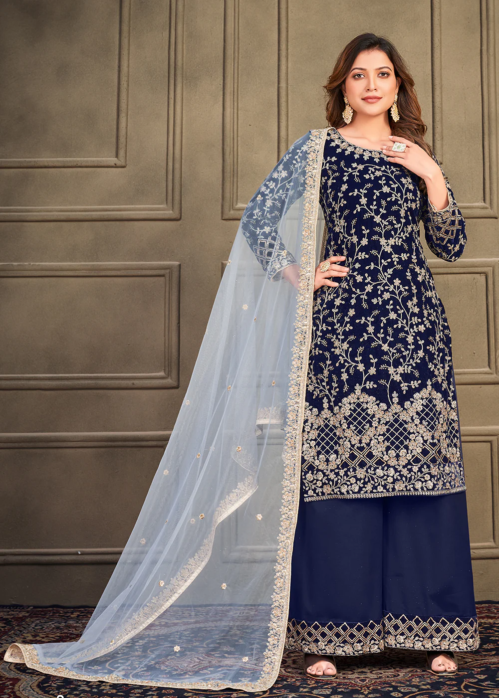 Traditional Party Wear Navy Blue Velvet Palazzo Salwar Kurta - Image 3