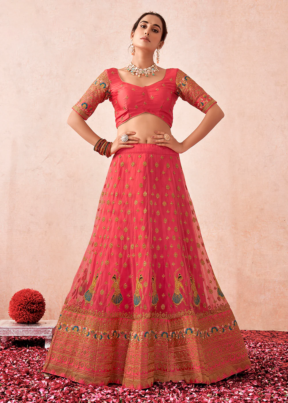 Traditional Peach Coral Kalidar Embroidered Net Lehenga Choli
