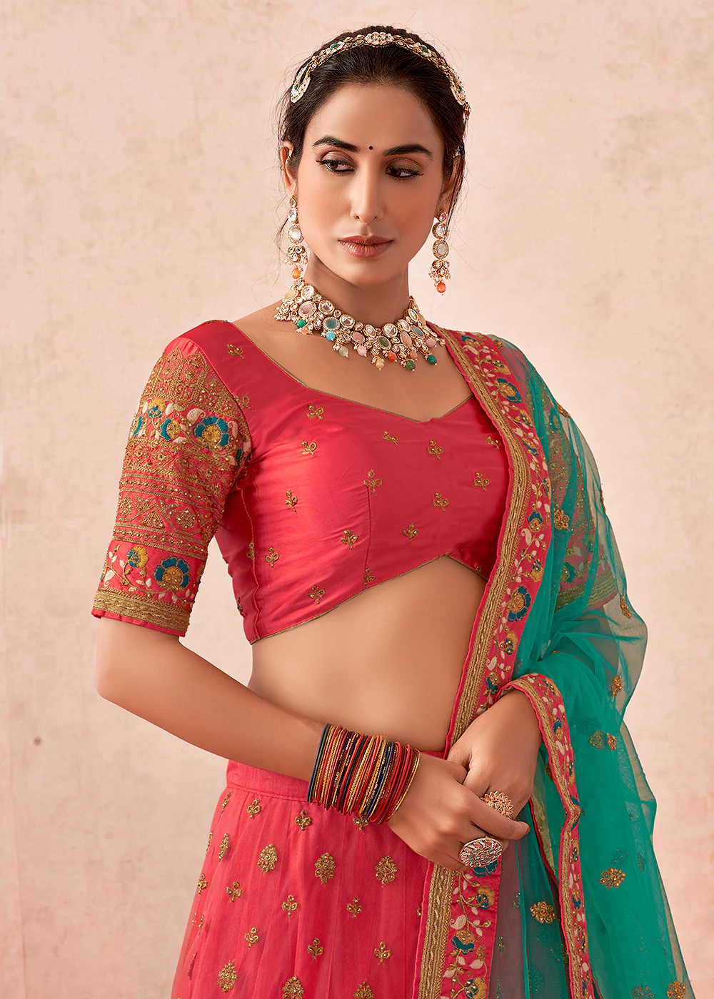 Traditional Peach Coral Kalidar Embroidered Net Lehenga Choli - Image 2