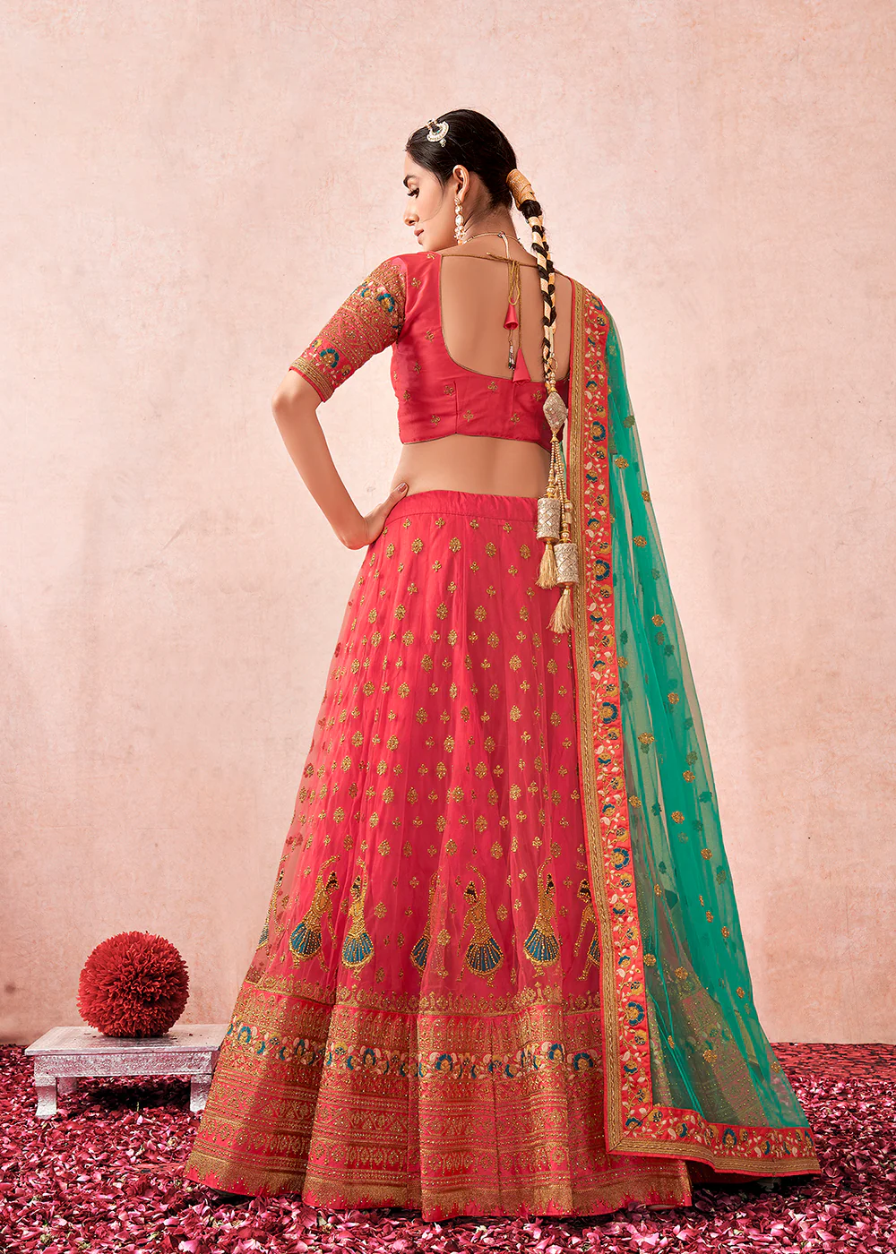 Traditional Peach Coral Kalidar Embroidered Net Lehenga Choli - Image 3
