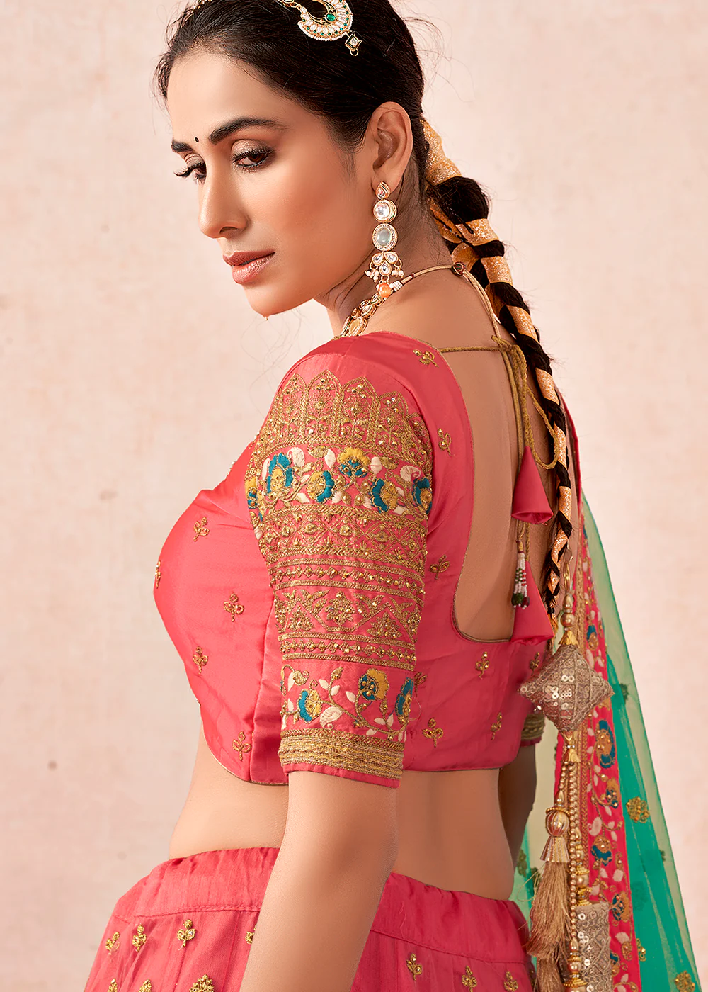 Traditional Peach Coral Kalidar Embroidered Net Lehenga Choli - Image 4