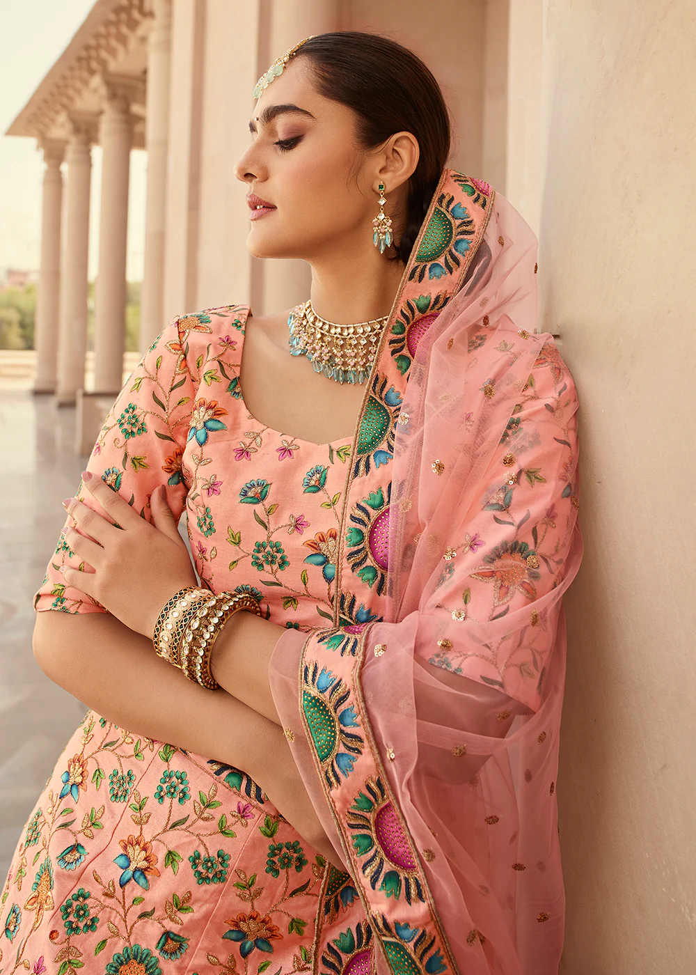 Traditional Peach Swarovski Work Bridal Lehenga Choli - Image 2