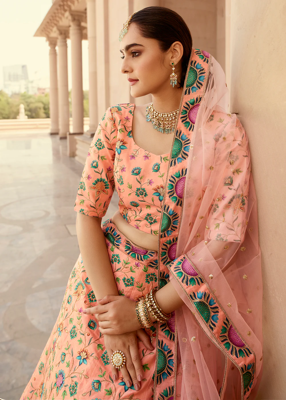 Traditional Peach Swarovski Work Bridal Lehenga Choli - Image 3