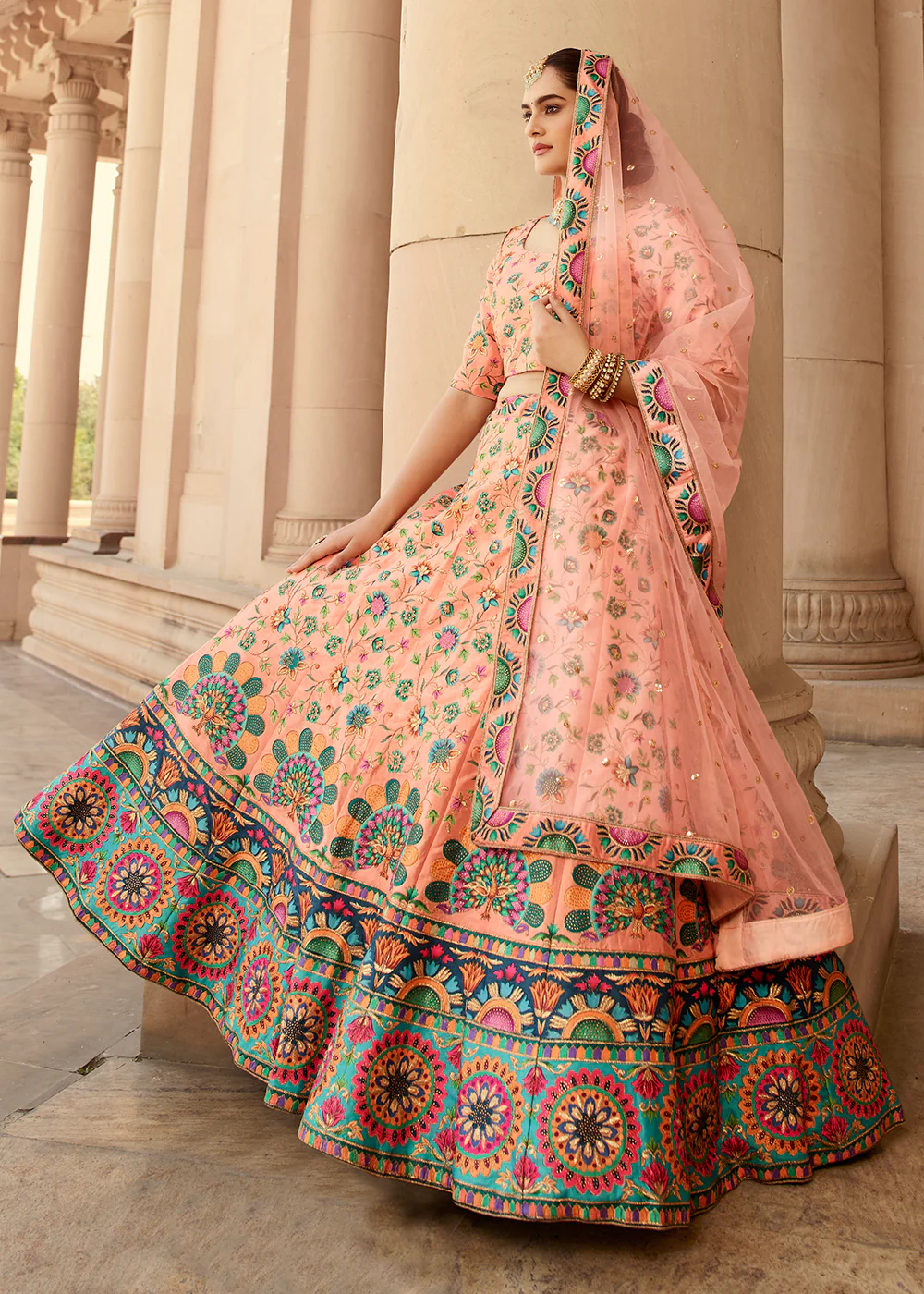 Traditional Peach Swarovski Work Bridal Lehenga Choli - Image 4