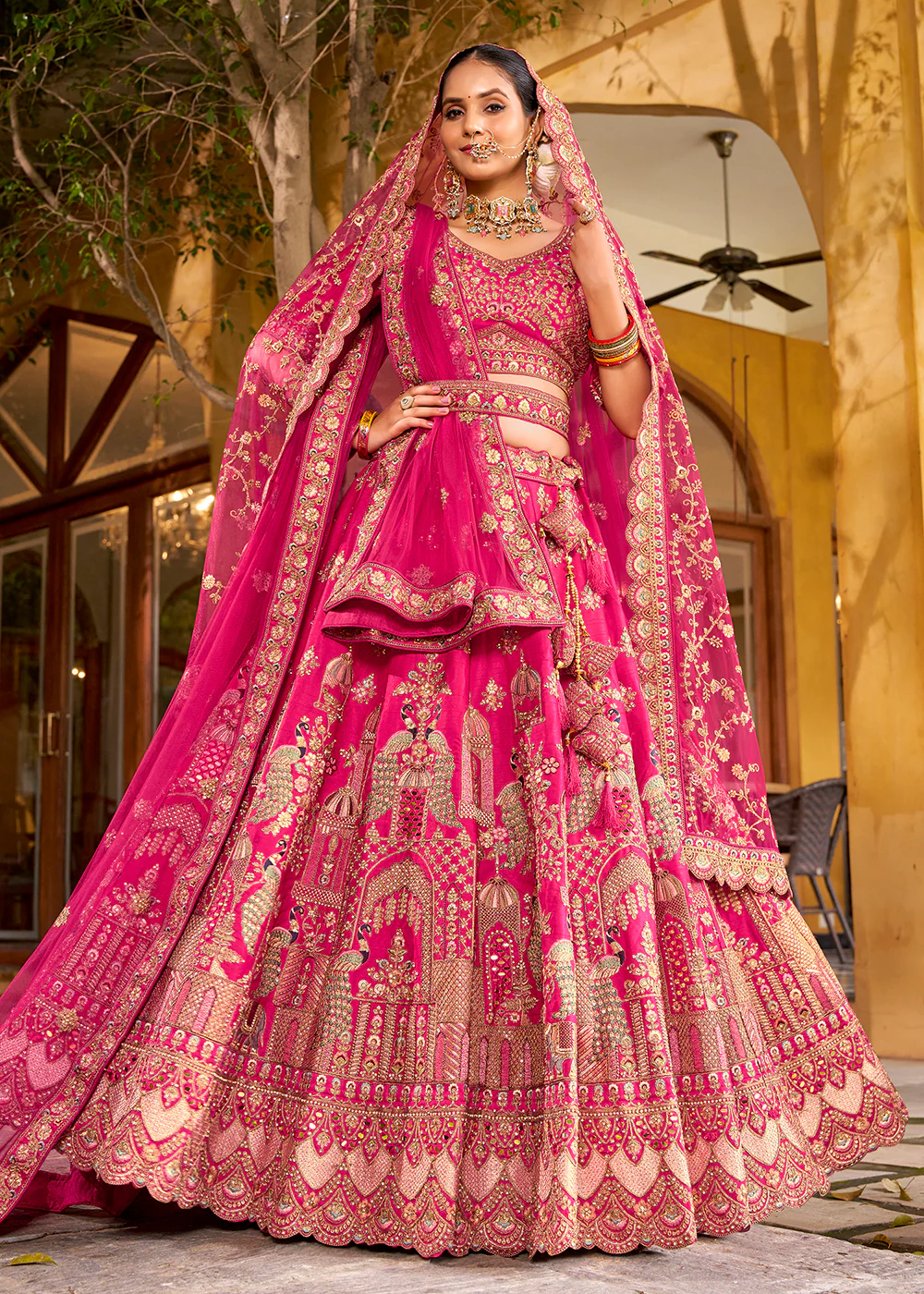 Traditional Pink Bridal Style Embroidered Lehenga Choli)