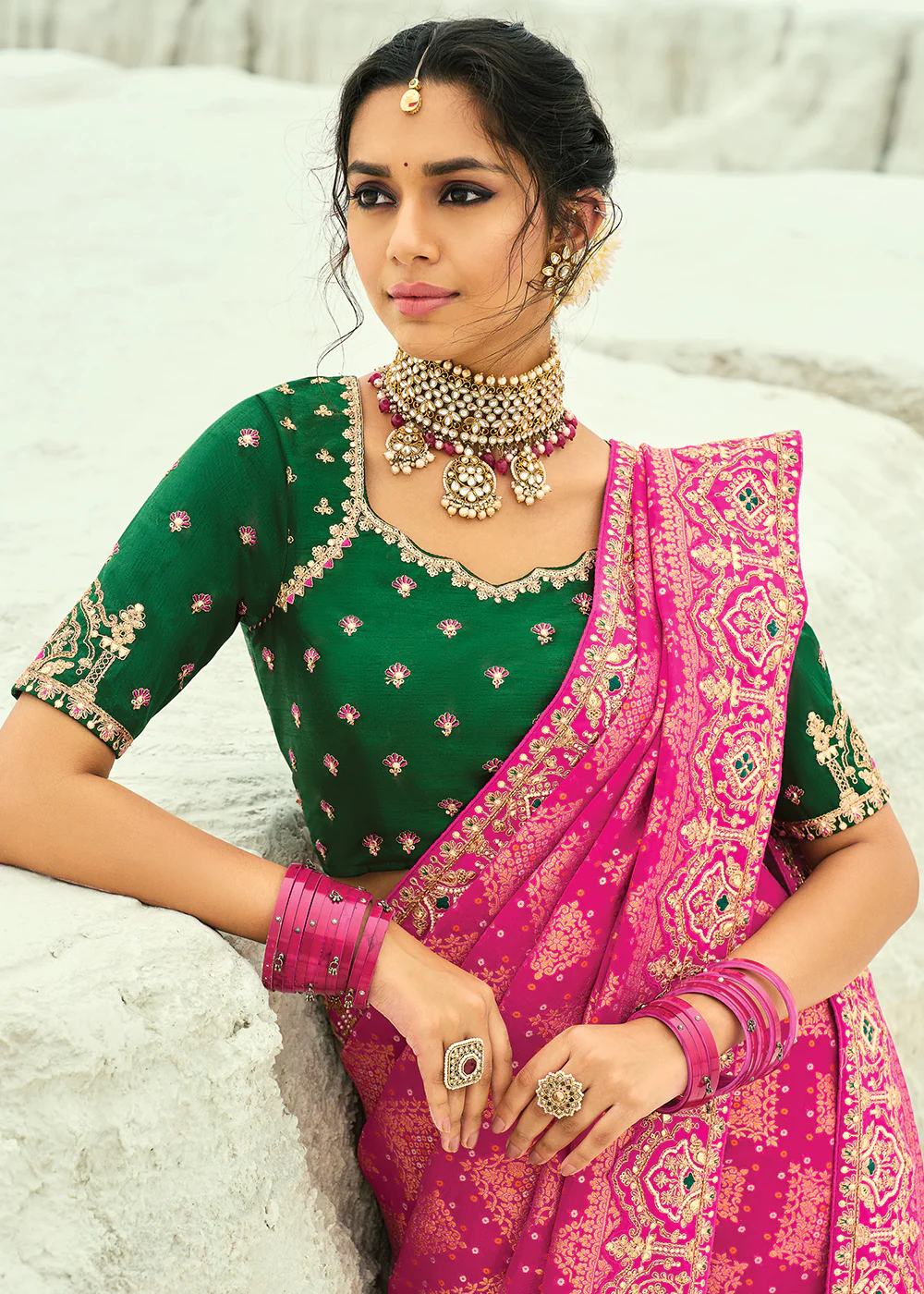Traditional Pink Embroidered Bandhej Designer Saree - Image 2