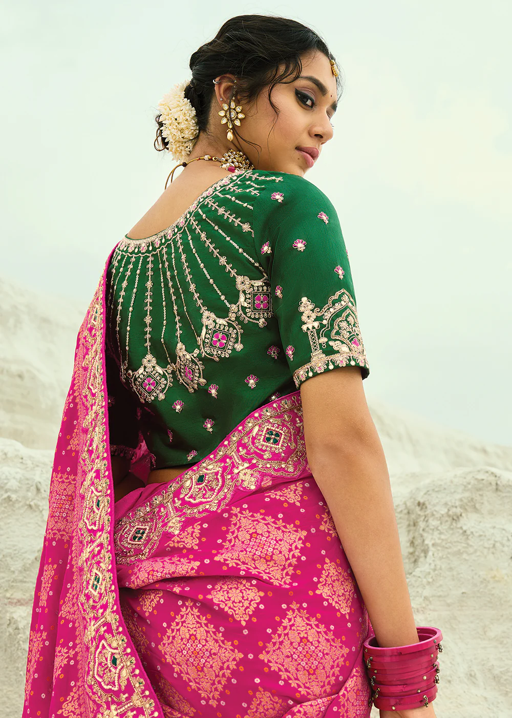 Traditional Pink Embroidered Bandhej Designer Saree - Image 3