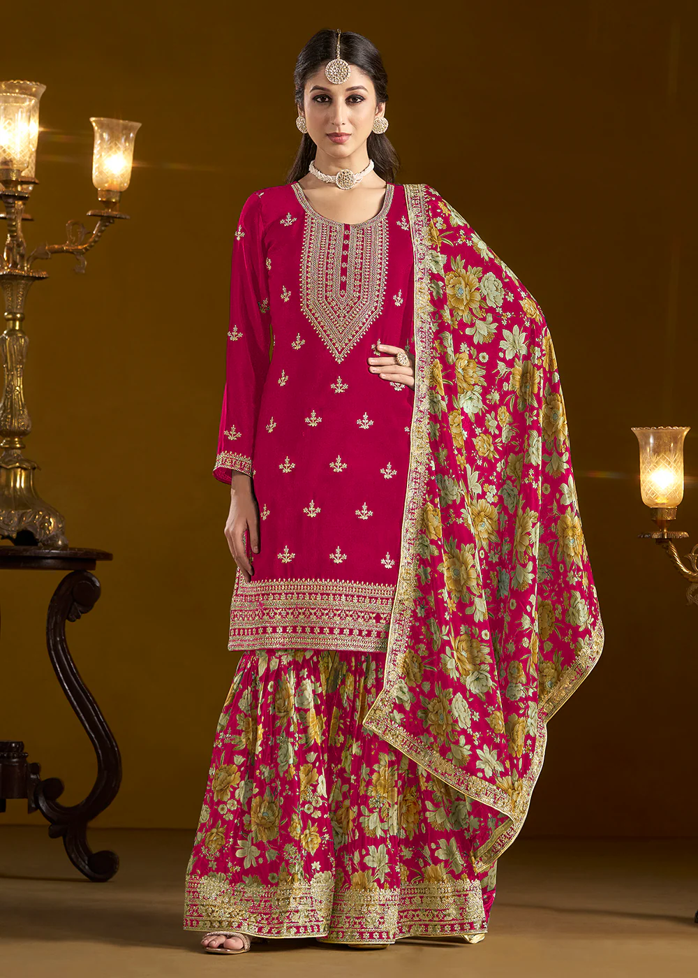Traditional Pink Embroidered Chinnon Festive Gharara Suit