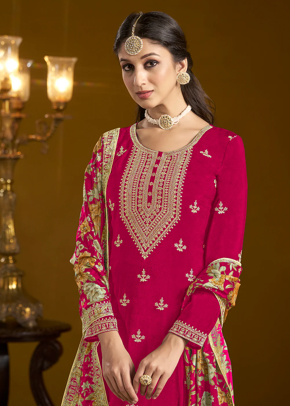 Traditional Pink Embroidered Chinnon Festive Gharara Suit - Image 2
