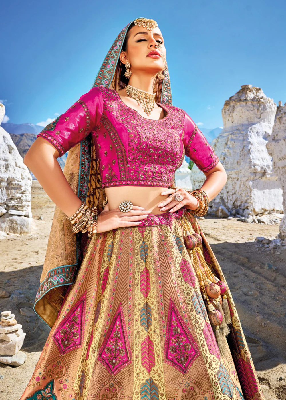 Traditional Pink & Yellow Banarasi Silk Embroidered Bridal Lehenga Choli - Image 2
