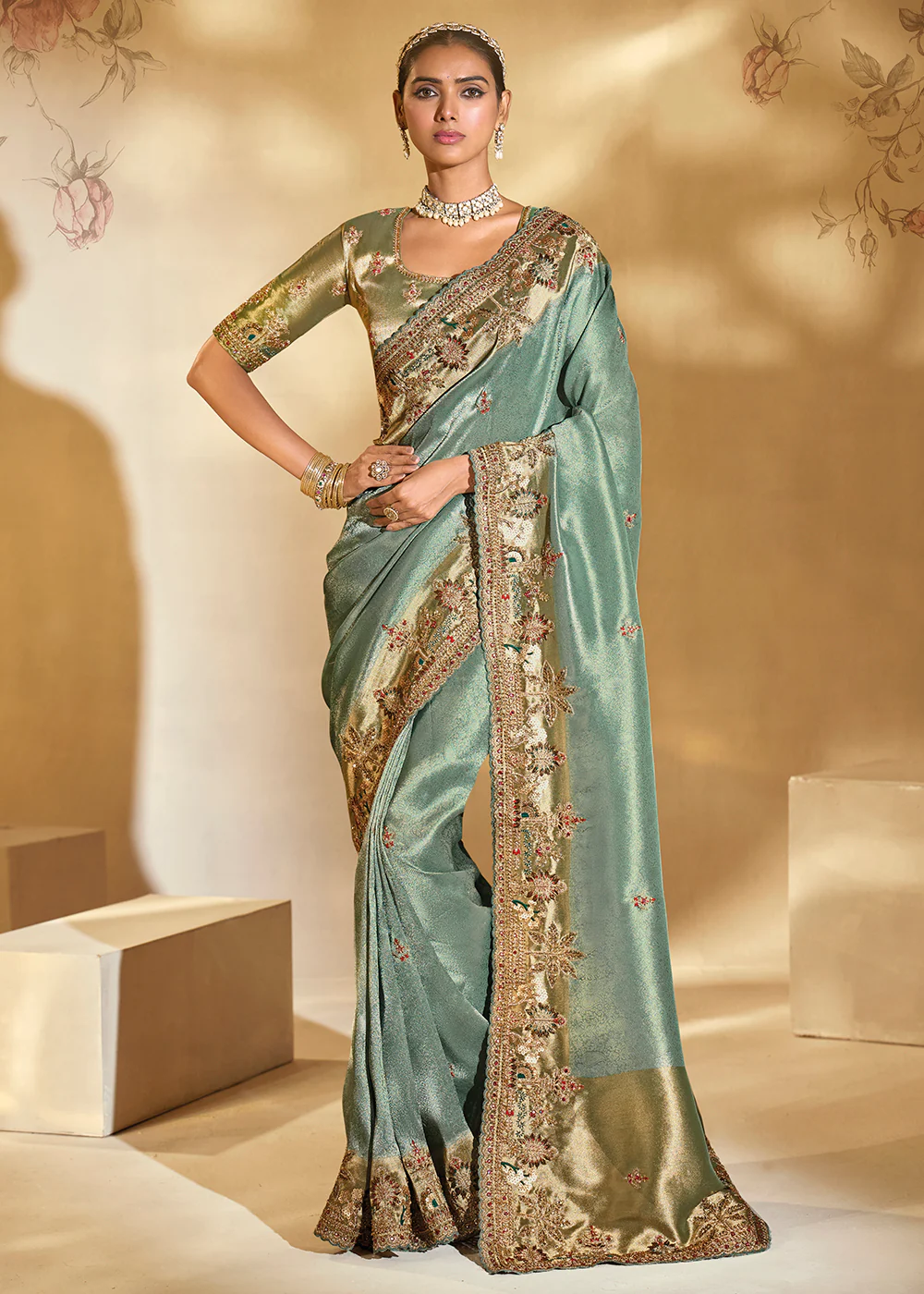 Traditional Pista Heavy Embroidered Wedding Bridal Saree