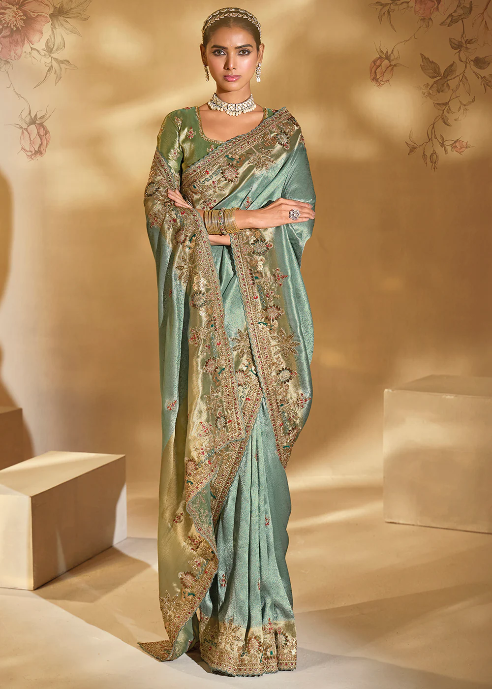 Traditional Pista Heavy Embroidered Wedding Bridal Saree - Image 3