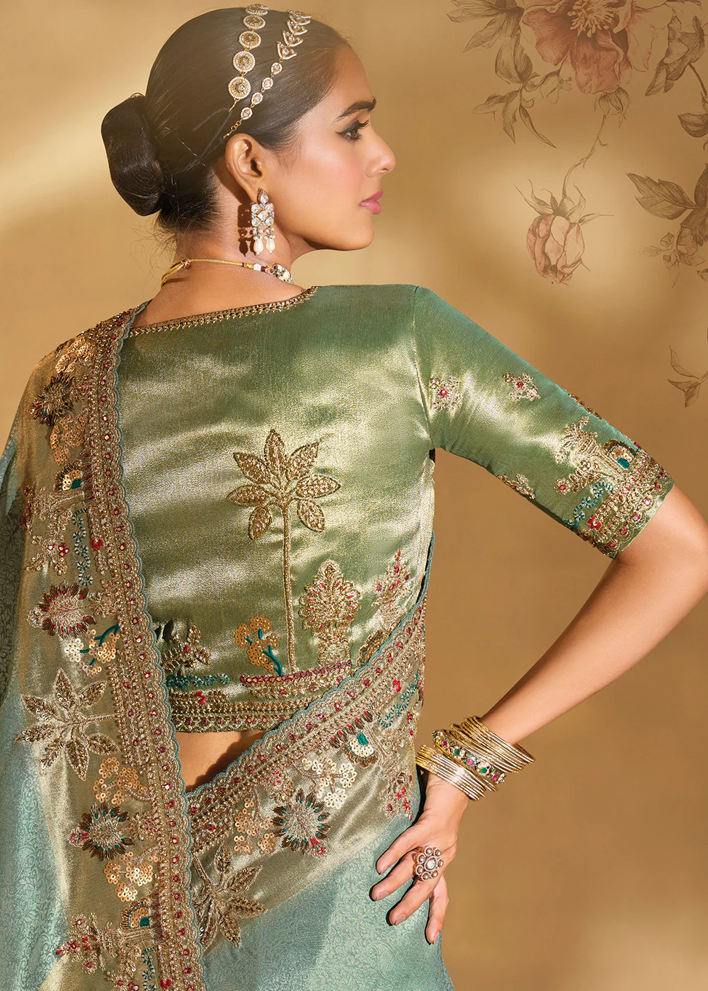 Traditional Pista Heavy Embroidered Wedding Bridal Saree - Image 4
