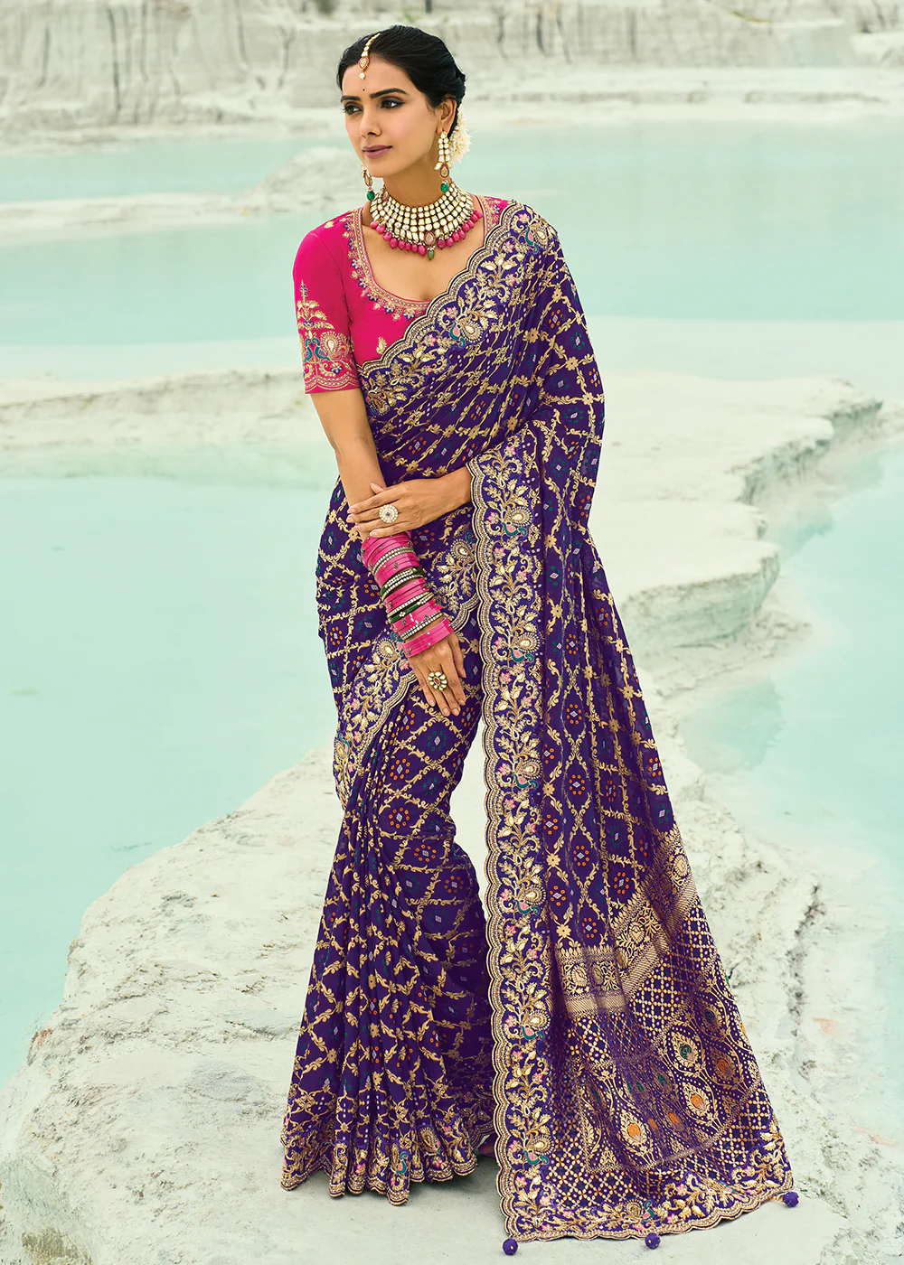Traditional Purple Embroidered Bandhej Designer Saree