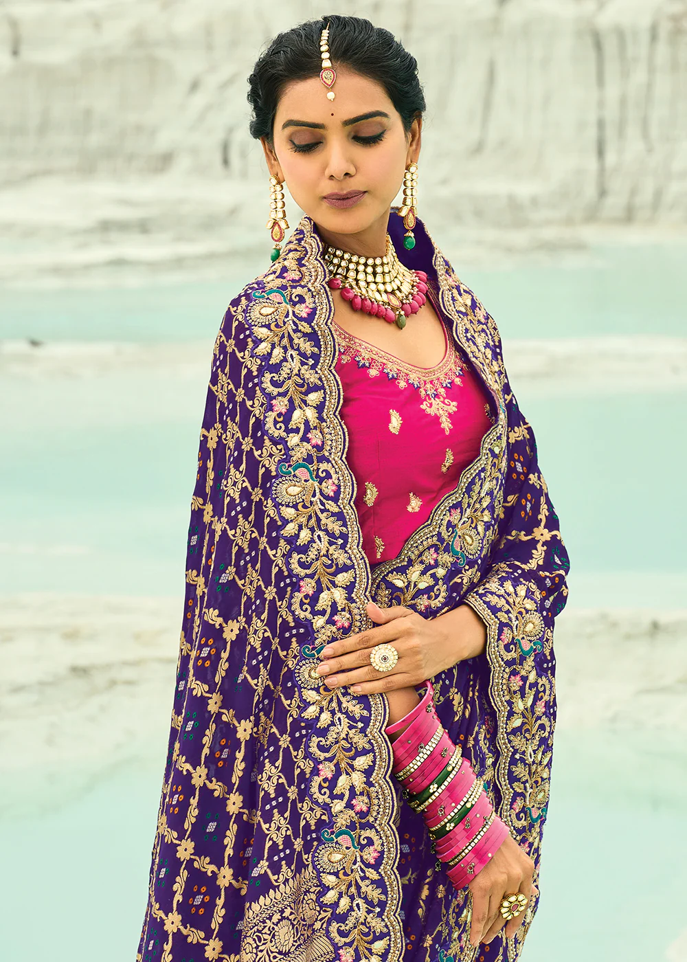 Traditional Purple Embroidered Bandhej Designer Saree - Image 2