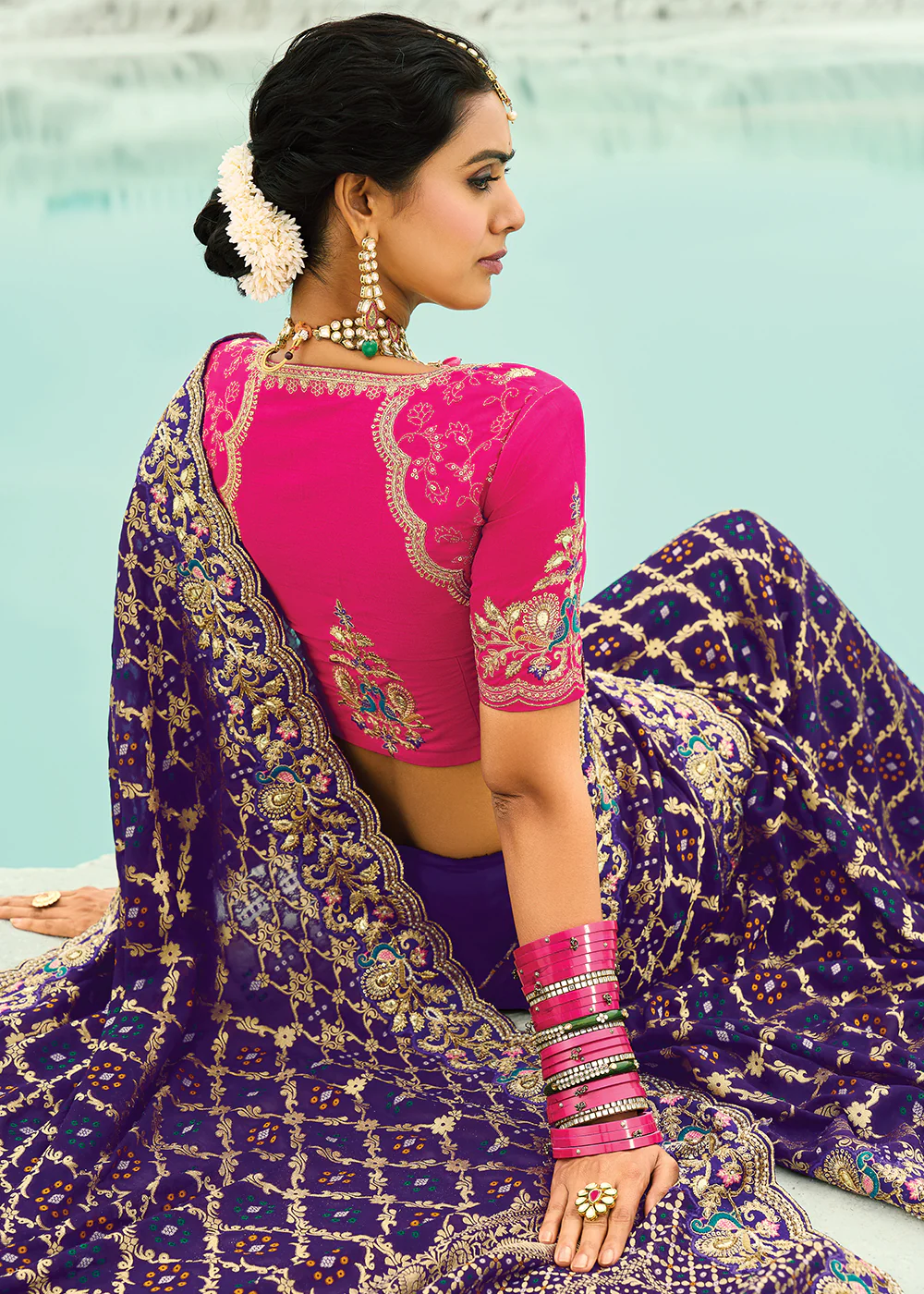 Traditional Purple Embroidered Bandhej Designer Saree - Image 3