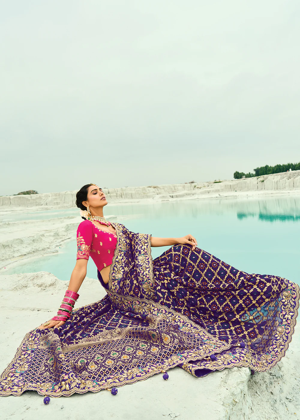 Traditional Purple Embroidered Bandhej Designer Saree - Image 4