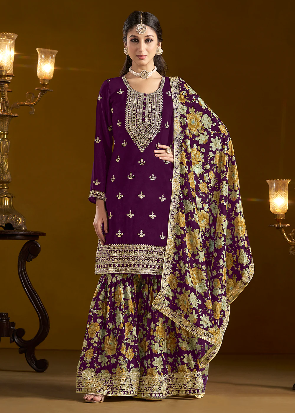 Traditional Purple Embroidered Chinnon Festive Gharara Suit