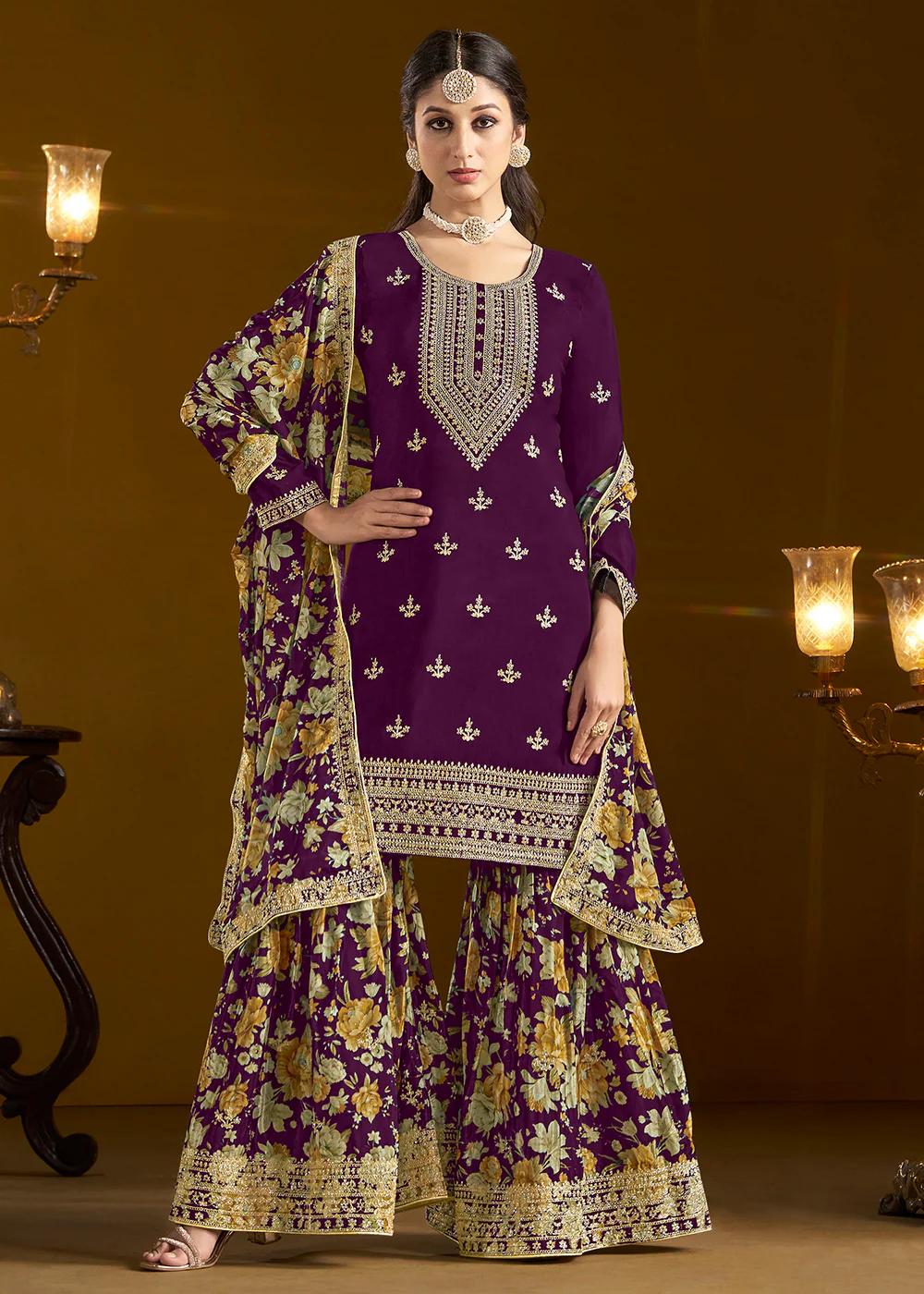 Traditional Purple Embroidered Chinnon Festive Gharara Suit - Image 4