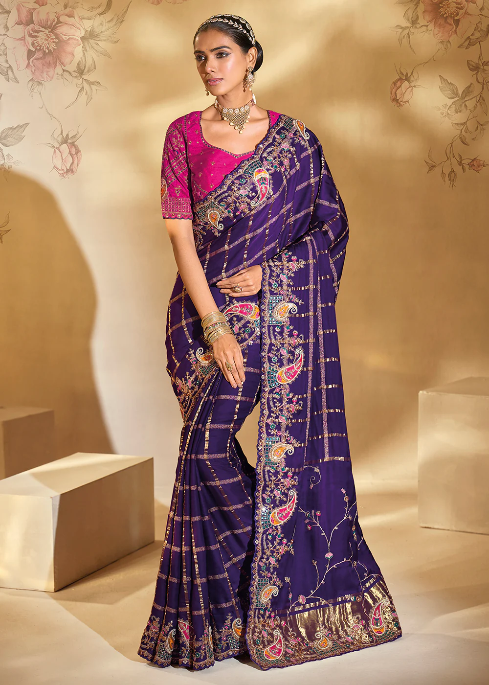Traditional Purple Heavy Embroidered Wedding Bridal Saree