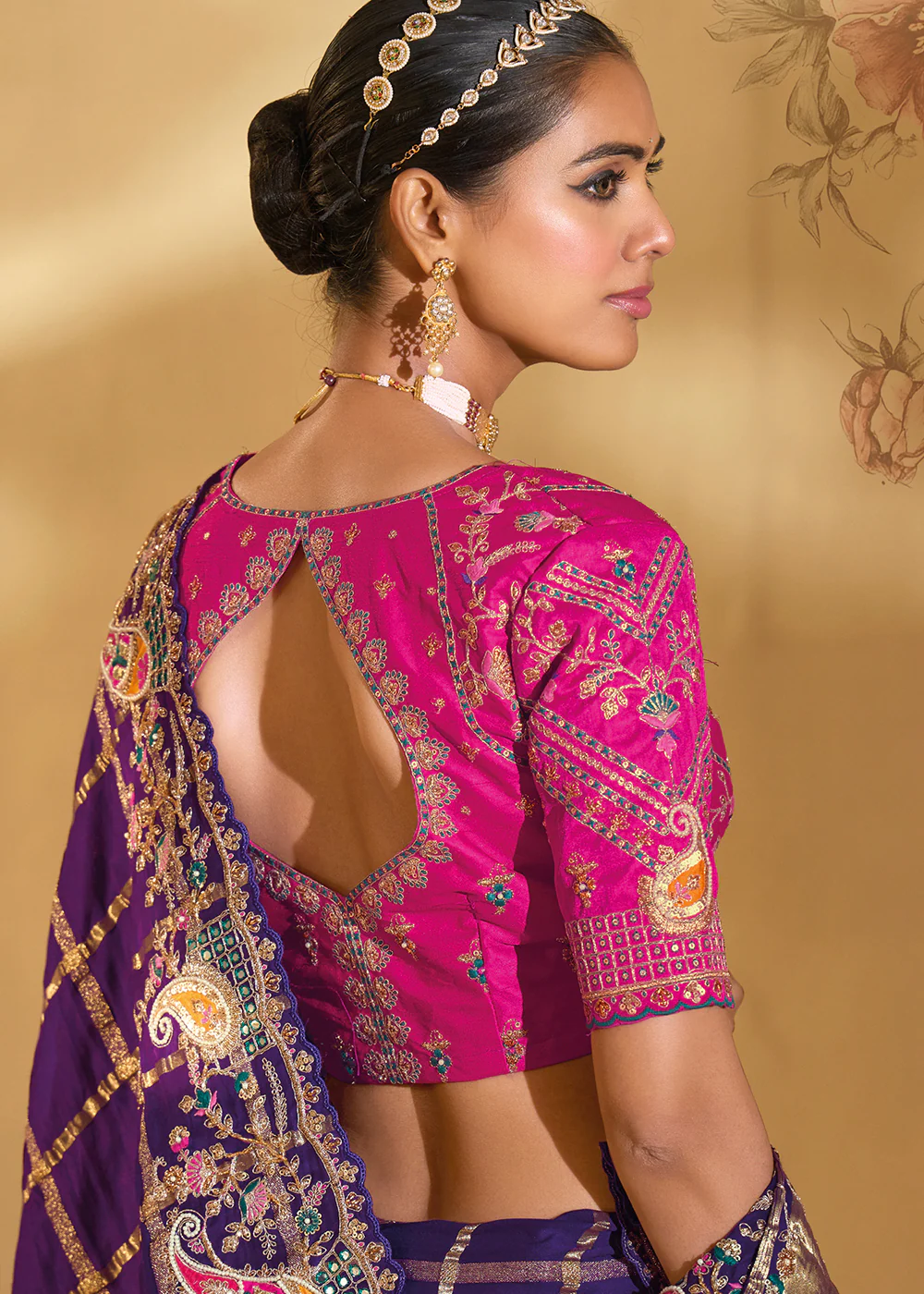 Traditional Purple Heavy Embroidered Wedding Bridal Saree - Image 3