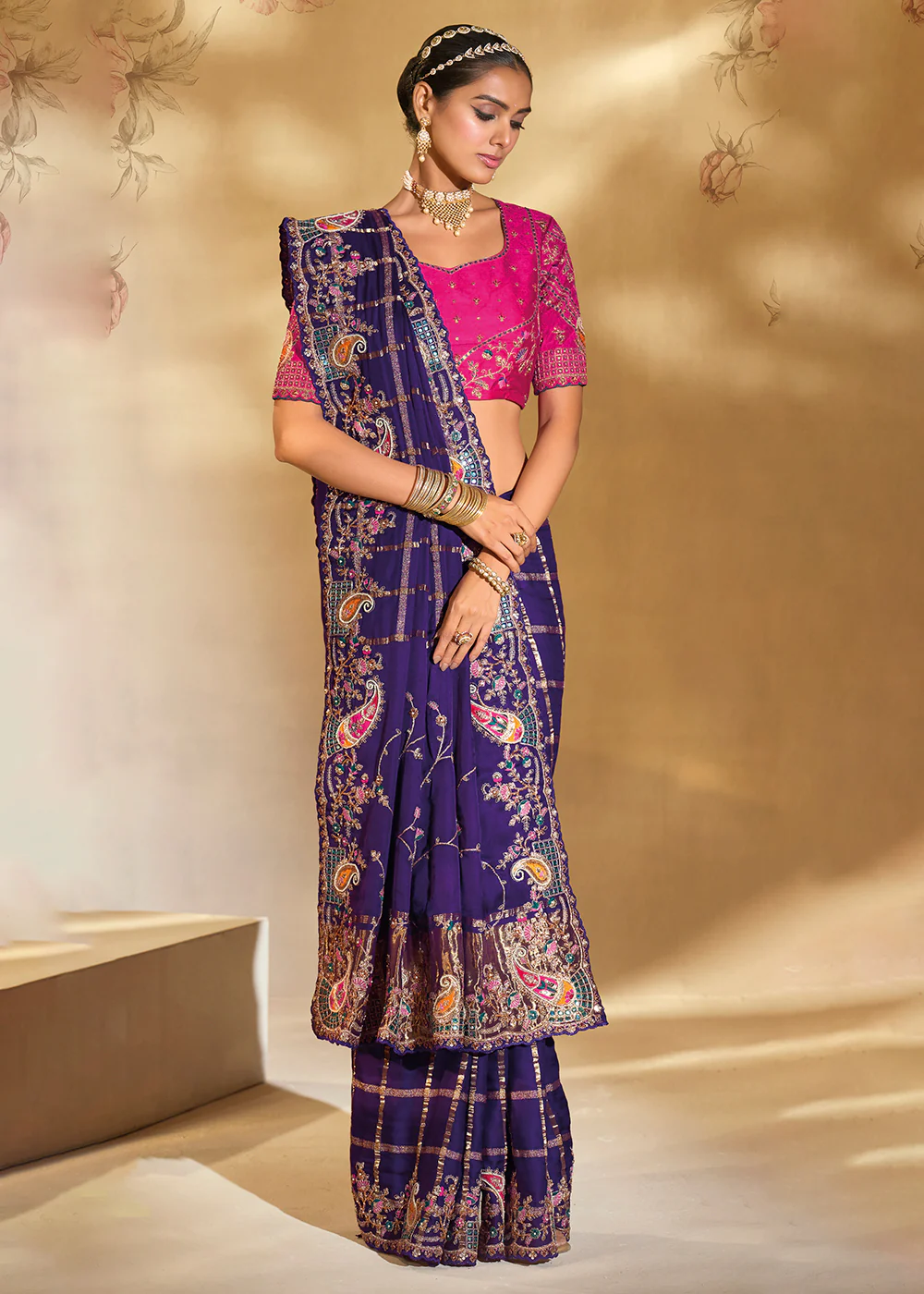 Traditional Purple Heavy Embroidered Wedding Bridal Saree - Image 4