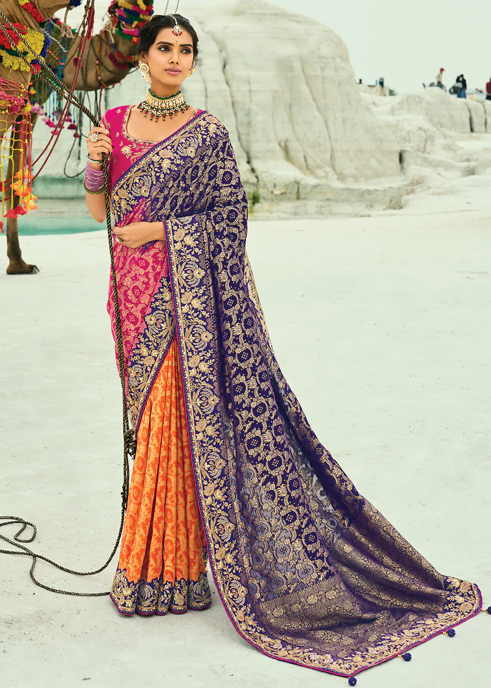 Traditional Purple Rani Embroidered Bandhej Designer Saree