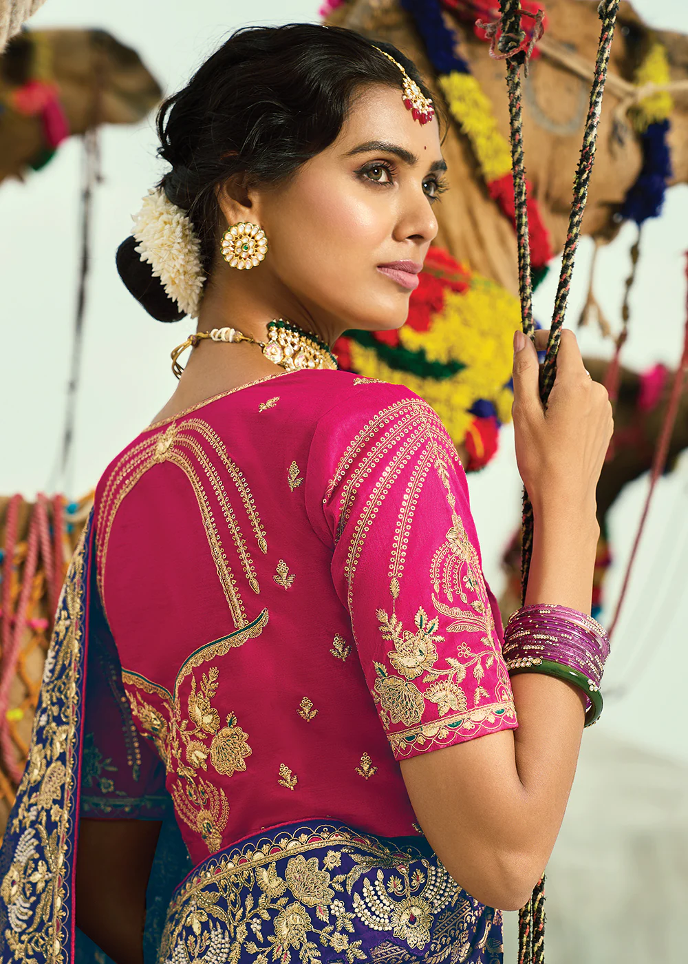 Traditional Purple Rani Embroidered Bandhej Designer Saree - Image 3