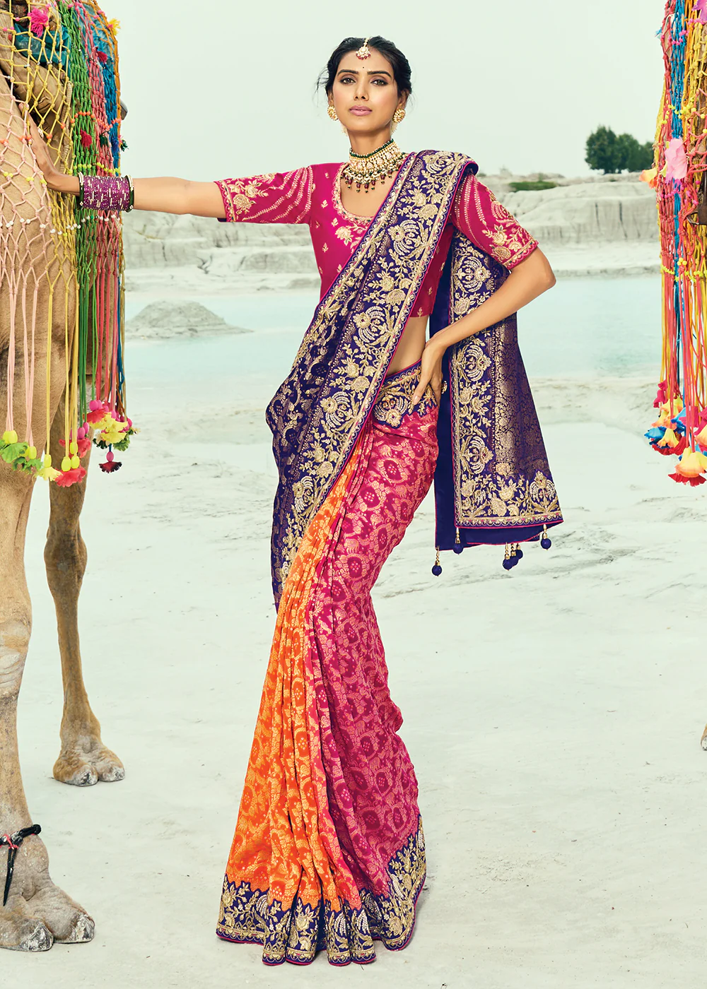 Traditional Purple Rani Embroidered Bandhej Designer Saree - Image 4