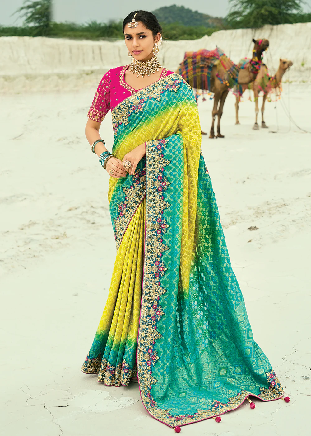 Traditional Rama Yellow Embroidered Bandhej Designer Saree