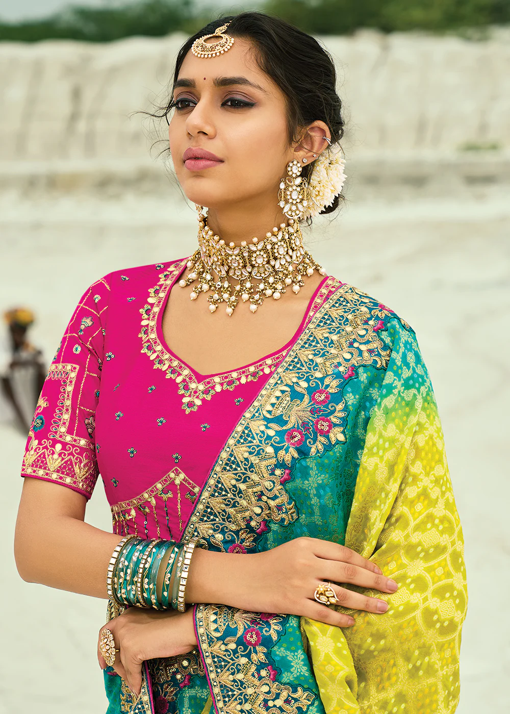 Traditional Rama Yellow Embroidered Bandhej Designer Saree - Image 2
