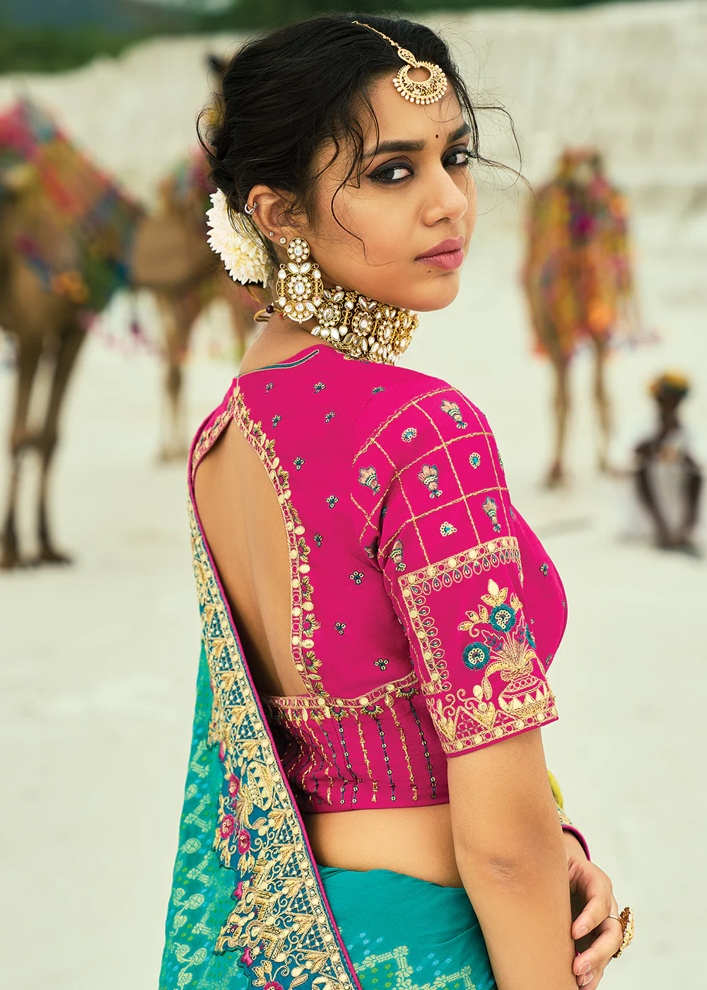 Traditional Rama Yellow Embroidered Bandhej Designer Saree - Image 3