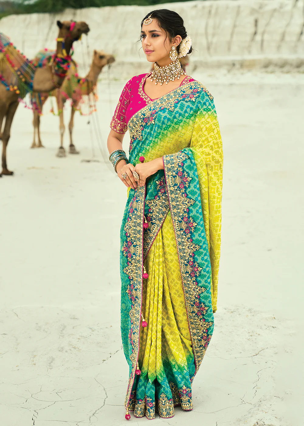 Traditional Rama Yellow Embroidered Bandhej Designer Saree - Image 4