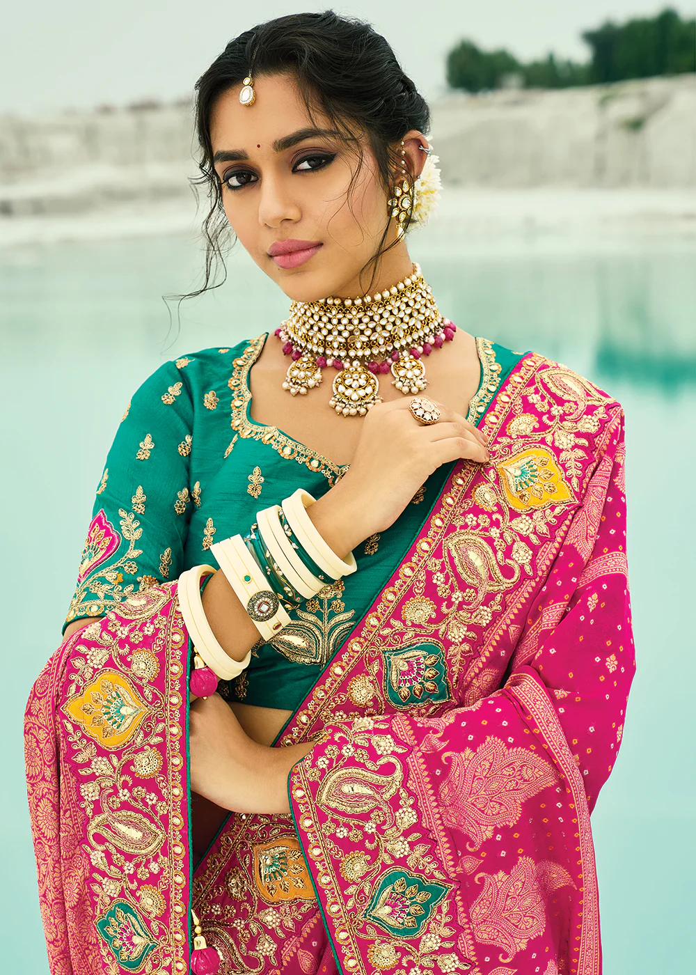 Traditional Rani Embroidered Bandhej Designer Saree - Image 2