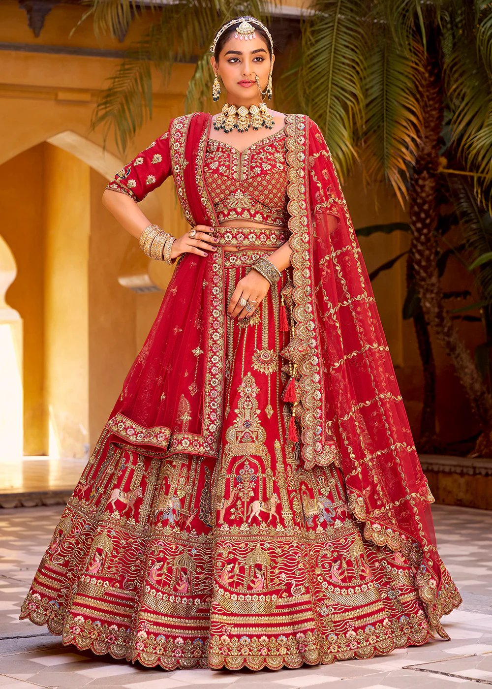 Traditional Red Bridal Style Embroidered Lehenga Choli - Image 3