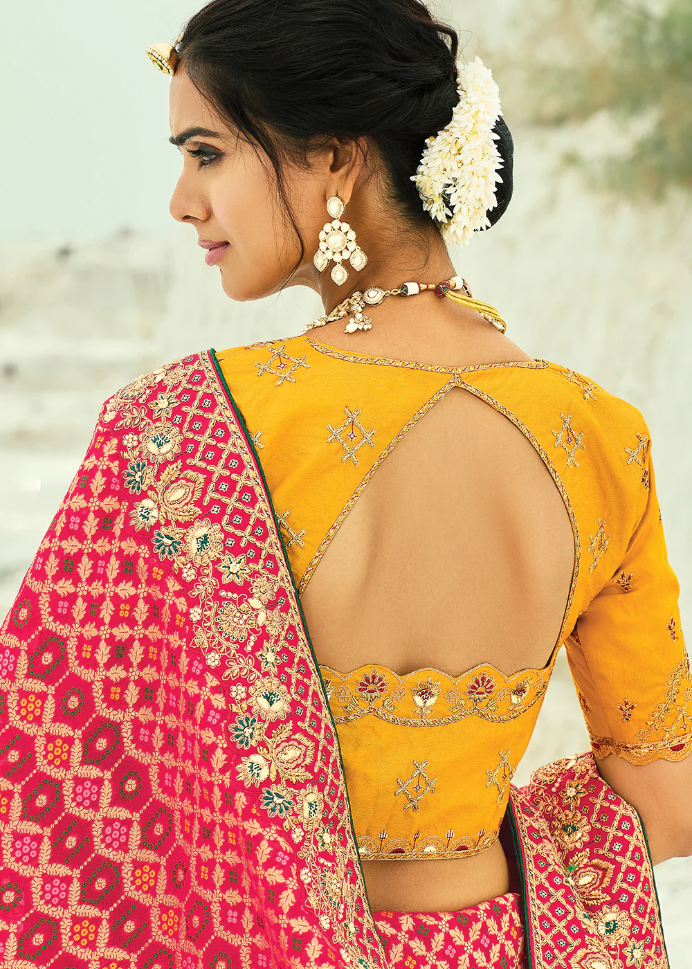 Traditional Red Embroidered Bandhej Designer Saree - Image 3
