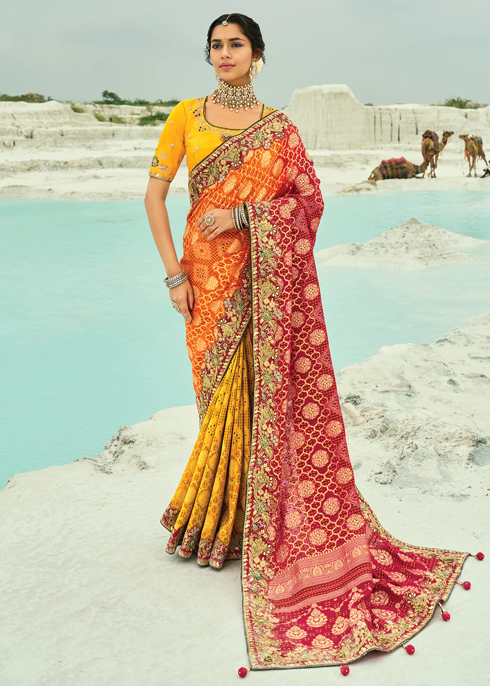 Traditional Red Mustard Embroidered Bandhej Designer Saree